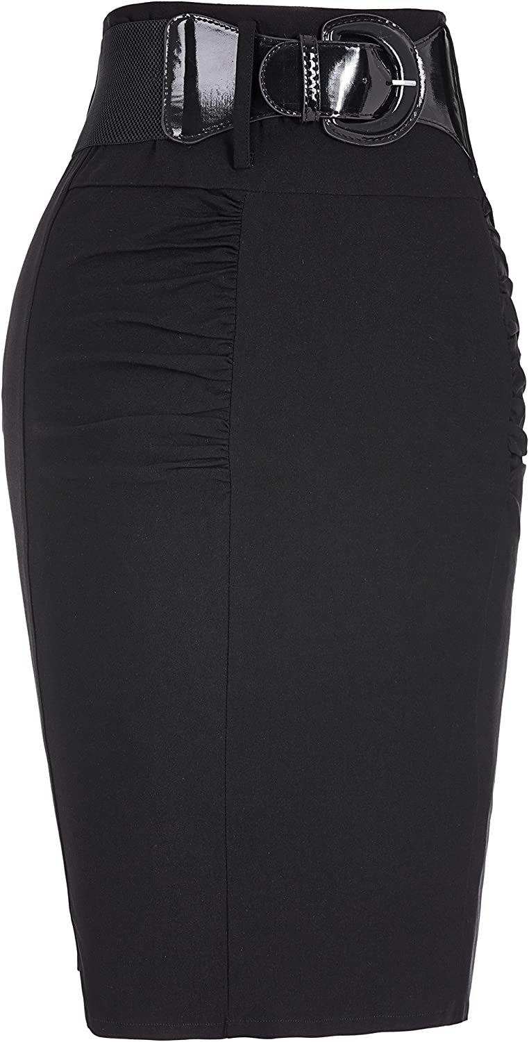 Women's Stretchy Pencil Skirt Side Pleated Business Skirts with Belt KK271(28 Color) - Image 7